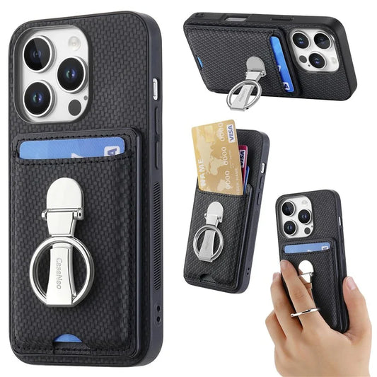 C1-9 For iPhone 16 Pro Max Case Kickstand Leather Card Slots Back Cover Carbon Fiber Texture