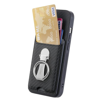 C1-9 For iPhone 16 Pro Max Case Kickstand Leather Card Slots Back Cover Carbon Fiber Texture