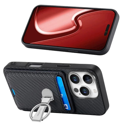 C1-9 For iPhone 16 Pro Max Case Kickstand Leather Card Slots Back Cover Carbon Fiber Texture
