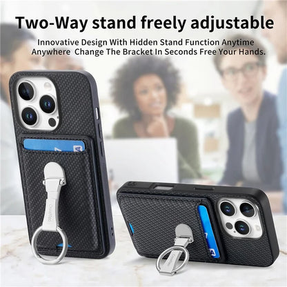 C1-9 For iPhone 16 Pro Max Case Kickstand Leather Card Slots Back Cover Carbon Fiber Texture