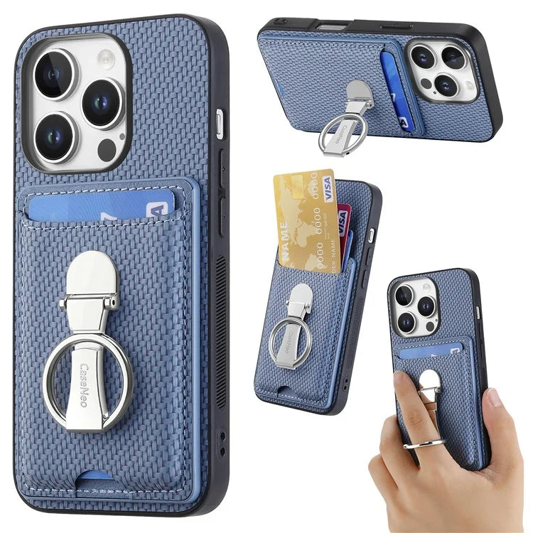 C1-9 For iPhone 16 Pro Max Case Kickstand Leather Card Slots Back Cover Carbon Fiber Texture