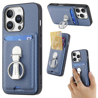 C1-9 For iPhone 16 Pro Max Case Kickstand Leather Card Slots Back Cover Carbon Fiber Texture