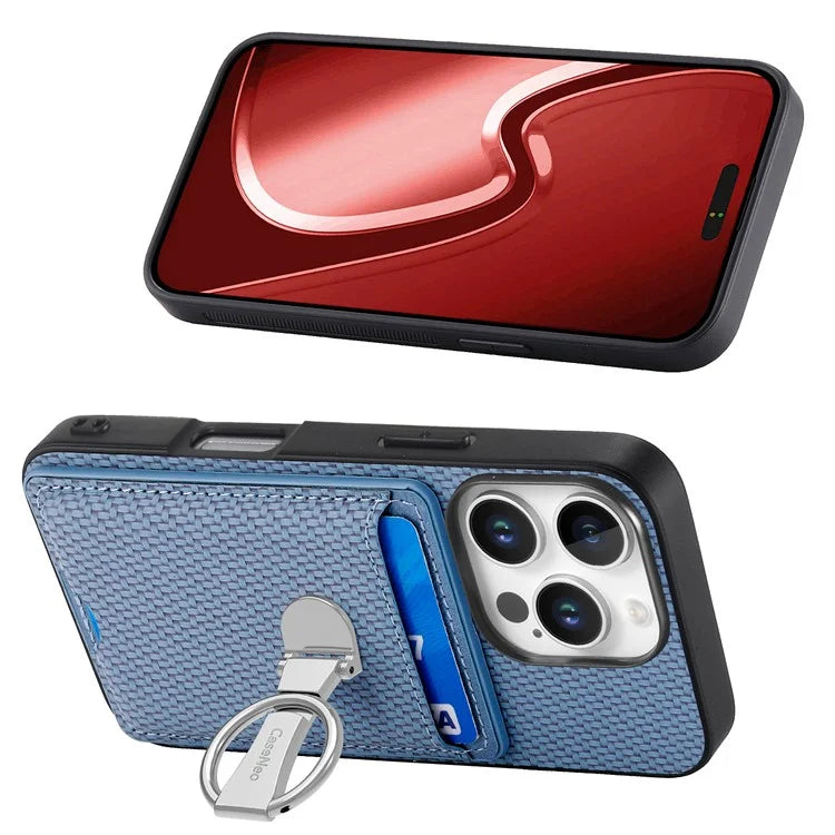 C1-9 For iPhone 16 Pro Max Case Kickstand Leather Card Slots Back Cover Carbon Fiber Texture