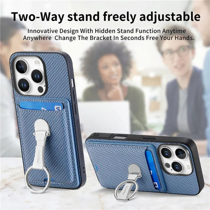 C1-9 For iPhone 16 Pro Max Case Kickstand Leather Card Slots Back Cover Carbon Fiber Texture