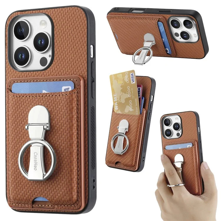 C1-9 For iPhone 16 Pro Max Case Kickstand Leather Card Slots Back Cover Carbon Fiber Texture
