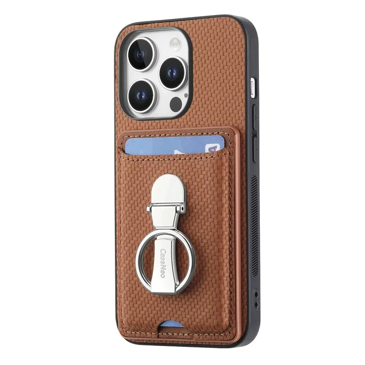 C1-9 For iPhone 16 Pro Max Case Kickstand Leather Card Slots Back Cover Carbon Fiber Texture