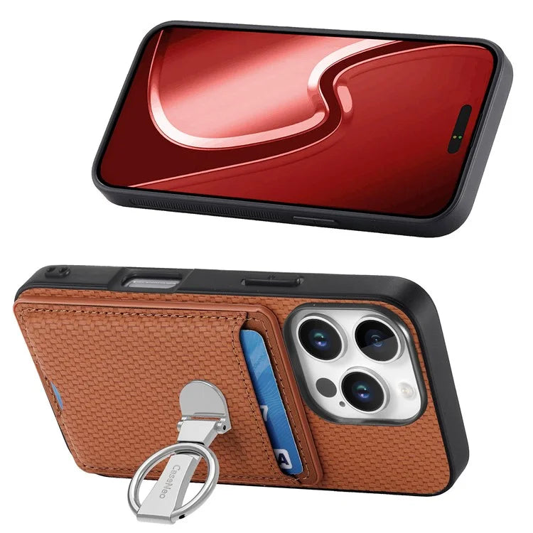 C1-9 For iPhone 16 Pro Max Case Kickstand Leather Card Slots Back Cover Carbon Fiber Texture