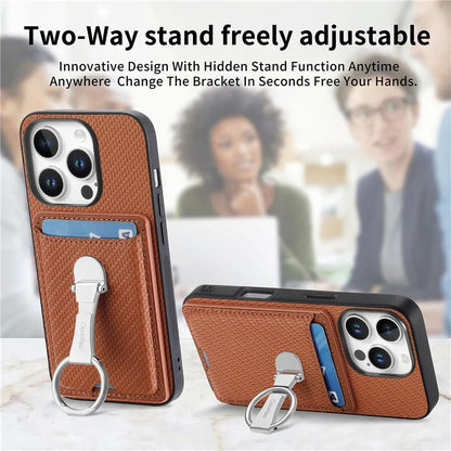 C1-9 For iPhone 16 Pro Max Case Kickstand Leather Card Slots Back Cover Carbon Fiber Texture