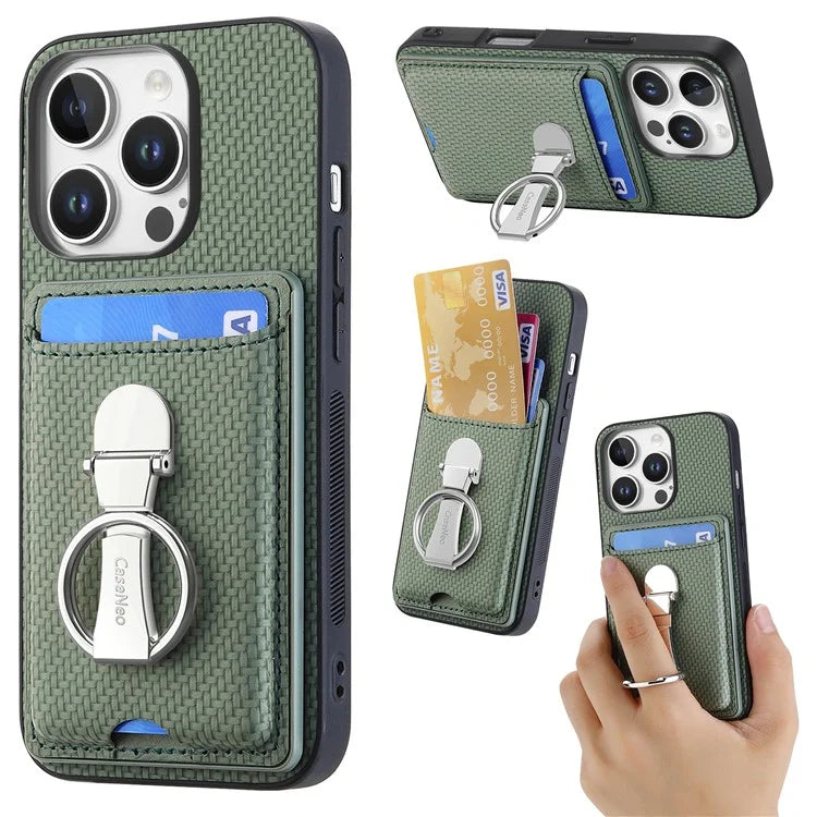 C1-9 For iPhone 16 Pro Max Case Kickstand Leather Card Slots Back Cover Carbon Fiber Texture