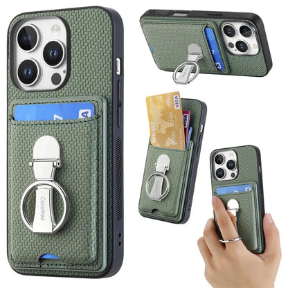 C1-9 For iPhone 16 Pro Max Case Kickstand Leather Card Slots Back Cover Carbon Fiber Texture