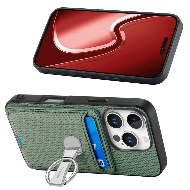 C1-9 For iPhone 16 Pro Max Case Kickstand Leather Card Slots Back Cover Carbon Fiber Texture
