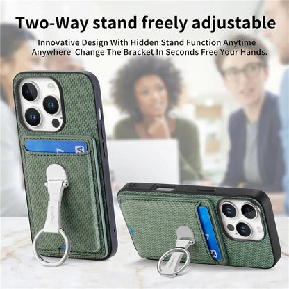 C1-9 For iPhone 16 Pro Max Case Kickstand Leather Card Slots Back Cover Carbon Fiber Texture