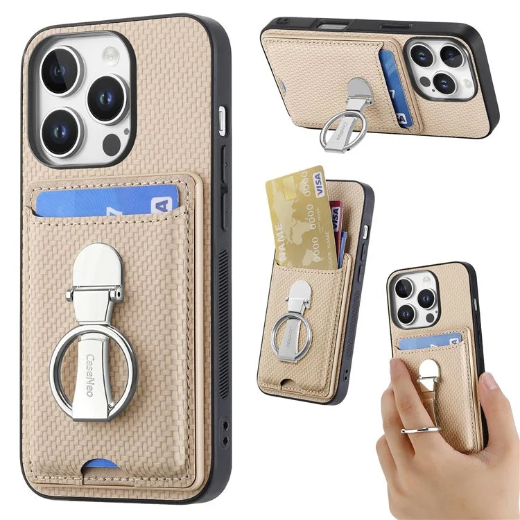 C1-9 For iPhone 16 Pro Max Case Kickstand Leather Card Slots Back Cover Carbon Fiber Texture