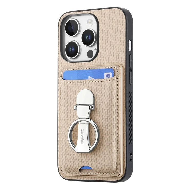 C1-9 For iPhone 16 Pro Max Case Kickstand Leather Card Slots Back Cover Carbon Fiber Texture