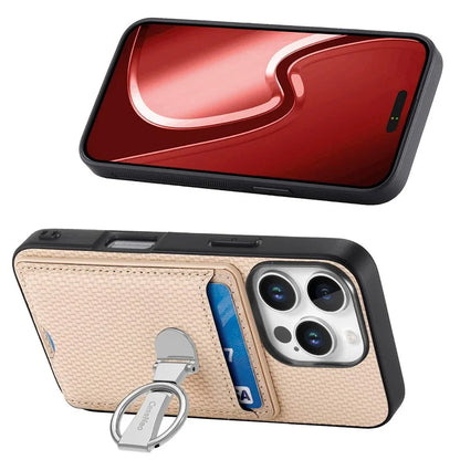 C1-9 For iPhone 16 Pro Max Case Kickstand Leather Card Slots Back Cover Carbon Fiber Texture