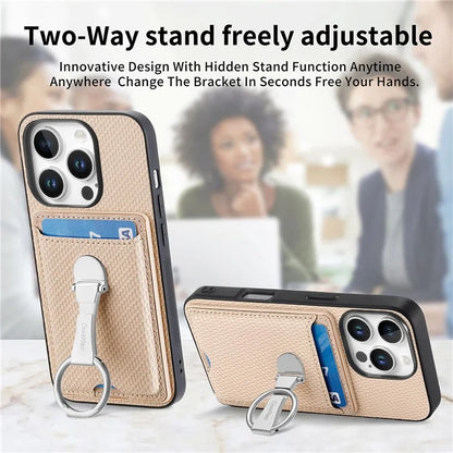 C1-9 For iPhone 16 Pro Max Case Kickstand Leather Card Slots Back Cover Carbon Fiber Texture