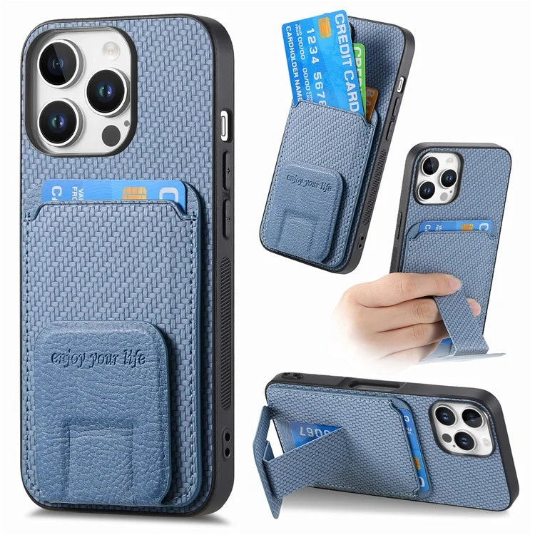C1-11 for iPhone 16 Pro Max Case Card Holder Carbon Fiber Texture Leather Coated TPU Phone Cover