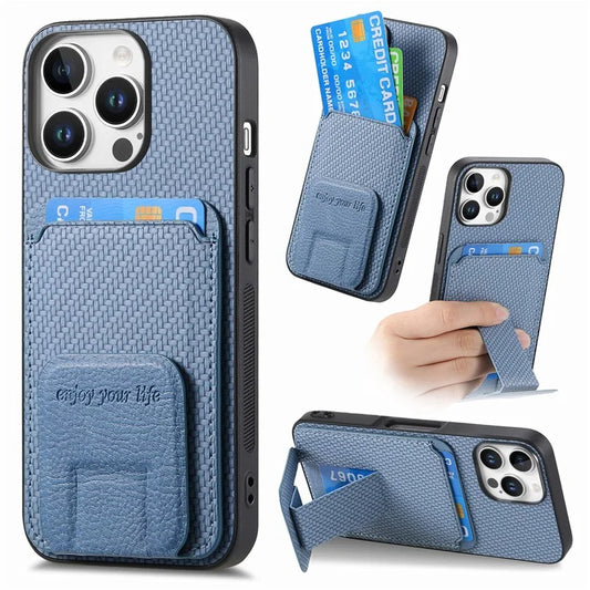 C1-11 for iPhone 16 Pro Max Case Card Holder Carbon Fiber Texture Leather Coated TPU Phone Cover