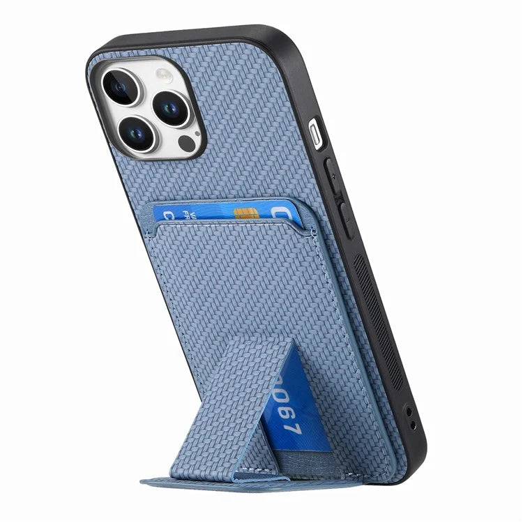 C1-11 for iPhone 16 Pro Max Case Card Holder Carbon Fiber Texture Leather Coated TPU Phone Cover