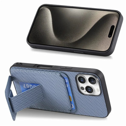 C1-11 for iPhone 16 Pro Max Case Card Holder Carbon Fiber Texture Leather Coated TPU Phone Cover