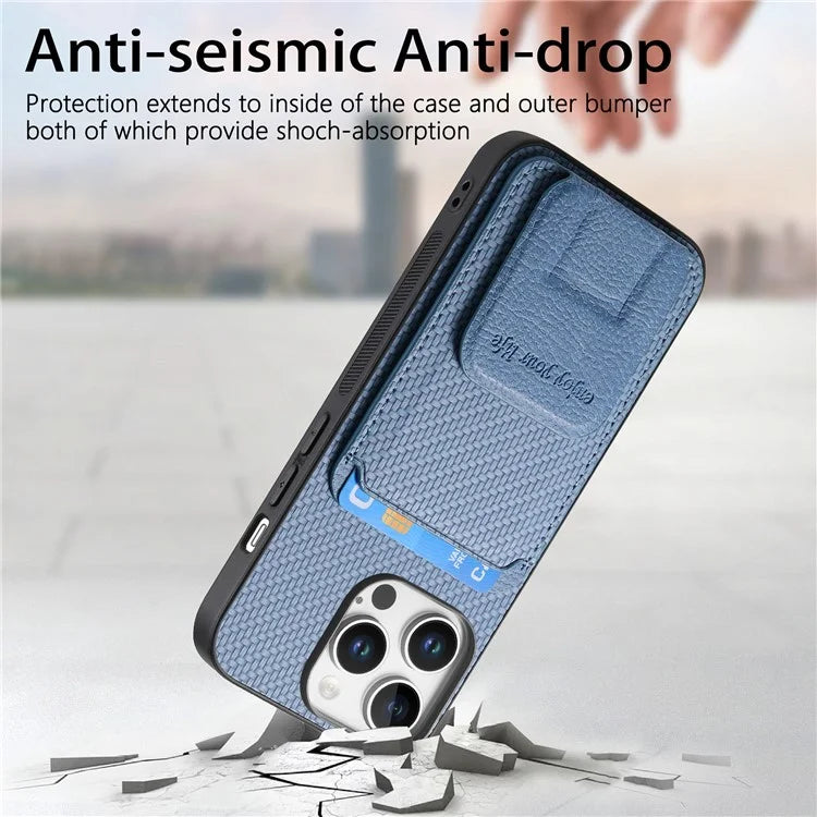 C1-11 for iPhone 16 Pro Max Case Card Holder Carbon Fiber Texture Leather Coated TPU Phone Cover