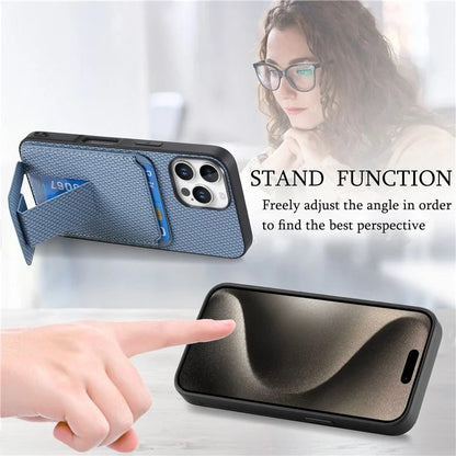 C1-11 for iPhone 16 Pro Max Case Card Holder Carbon Fiber Texture Leather Coated TPU Phone Cover