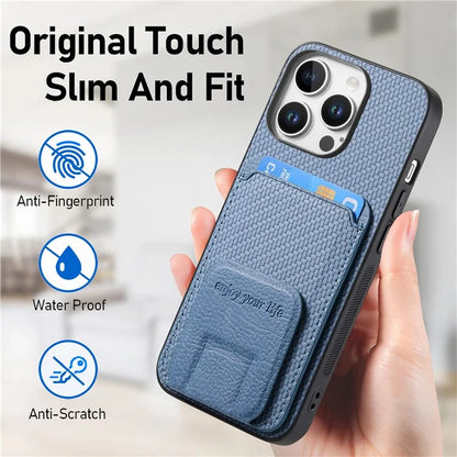 C1-11 for iPhone 16 Pro Max Case Card Holder Carbon Fiber Texture Leather Coated TPU Phone Cover