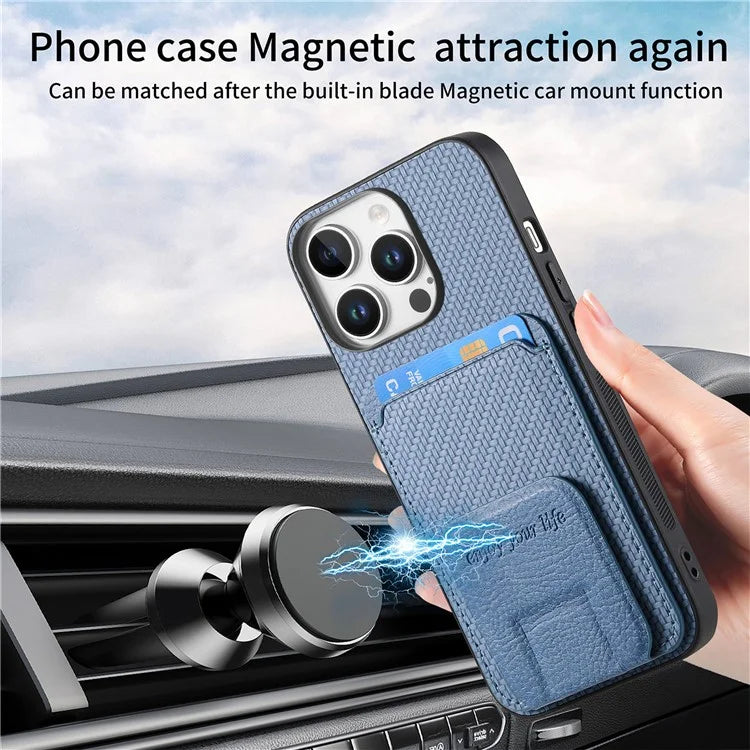 C1-11 for iPhone 16 Pro Max Case Card Holder Carbon Fiber Texture Leather Coated TPU Phone Cover
