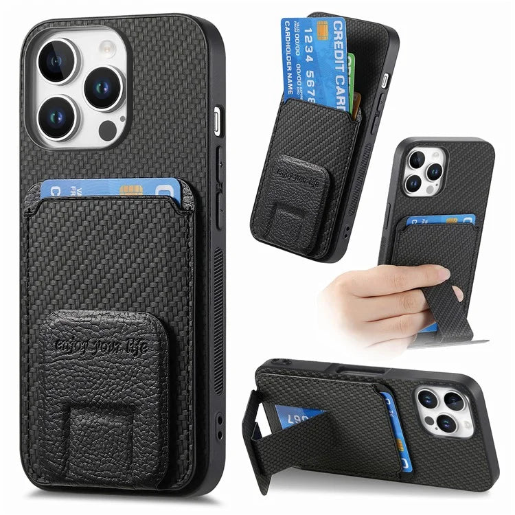 C1-11 for iPhone 16 Pro Max Case Card Holder Carbon Fiber Texture Leather Coated TPU Phone Cover