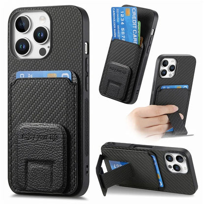 C1-11 for iPhone 16 Pro Max Case Card Holder Carbon Fiber Texture Leather Coated TPU Phone Cover