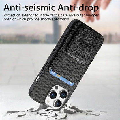 C1-11 for iPhone 16 Pro Max Case Card Holder Carbon Fiber Texture Leather Coated TPU Phone Cover