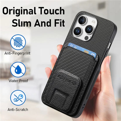 C1-11 for iPhone 16 Pro Max Case Card Holder Carbon Fiber Texture Leather Coated TPU Phone Cover