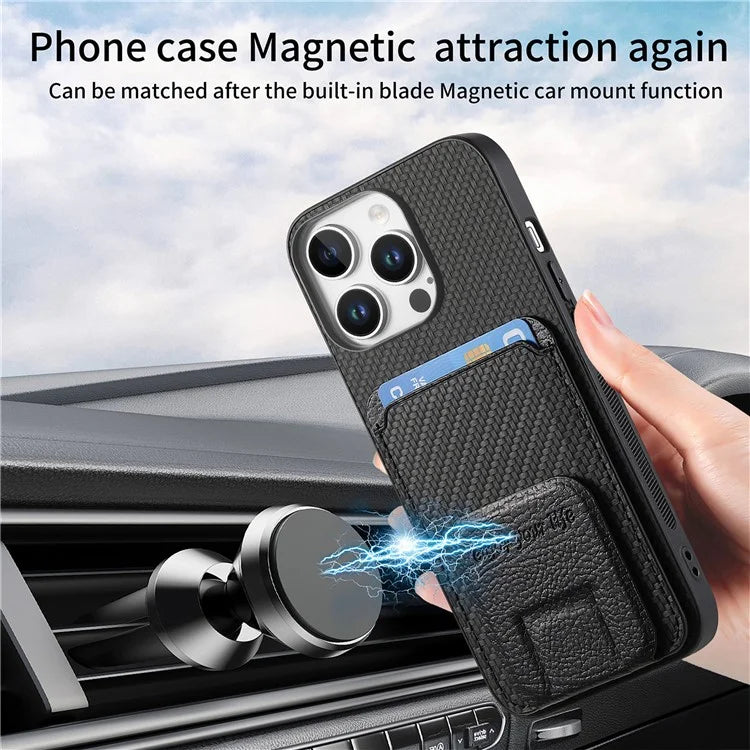 C1-11 for iPhone 16 Pro Max Case Card Holder Carbon Fiber Texture Leather Coated TPU Phone Cover