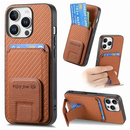 C1-11 for iPhone 16 Pro Max Case Card Holder Carbon Fiber Texture Leather Coated TPU Phone Cover