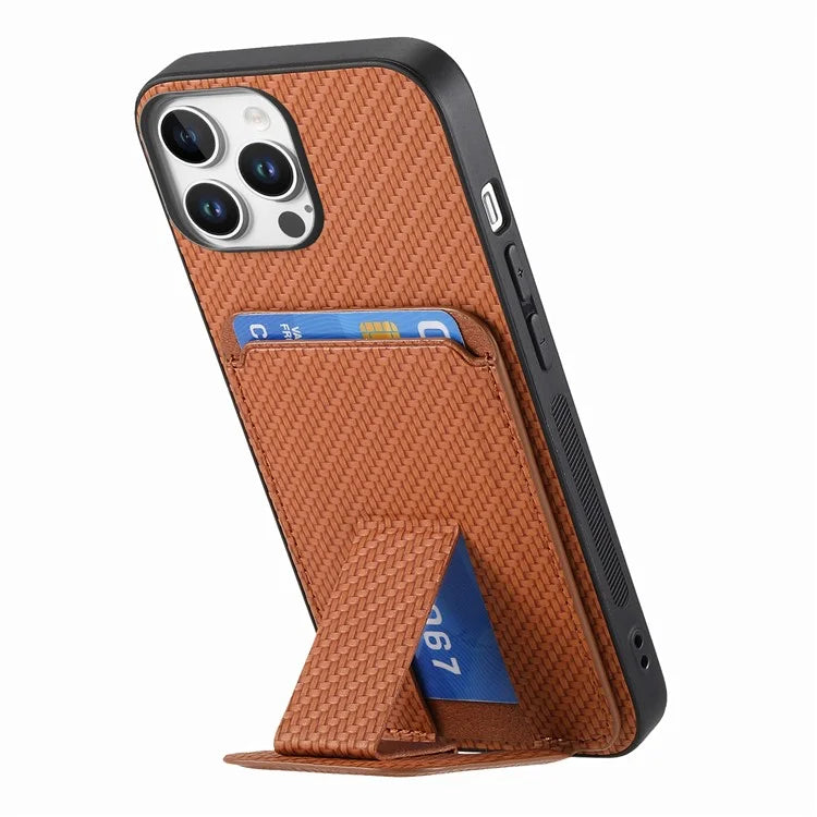 C1-11 for iPhone 16 Pro Max Case Card Holder Carbon Fiber Texture Leather Coated TPU Phone Cover