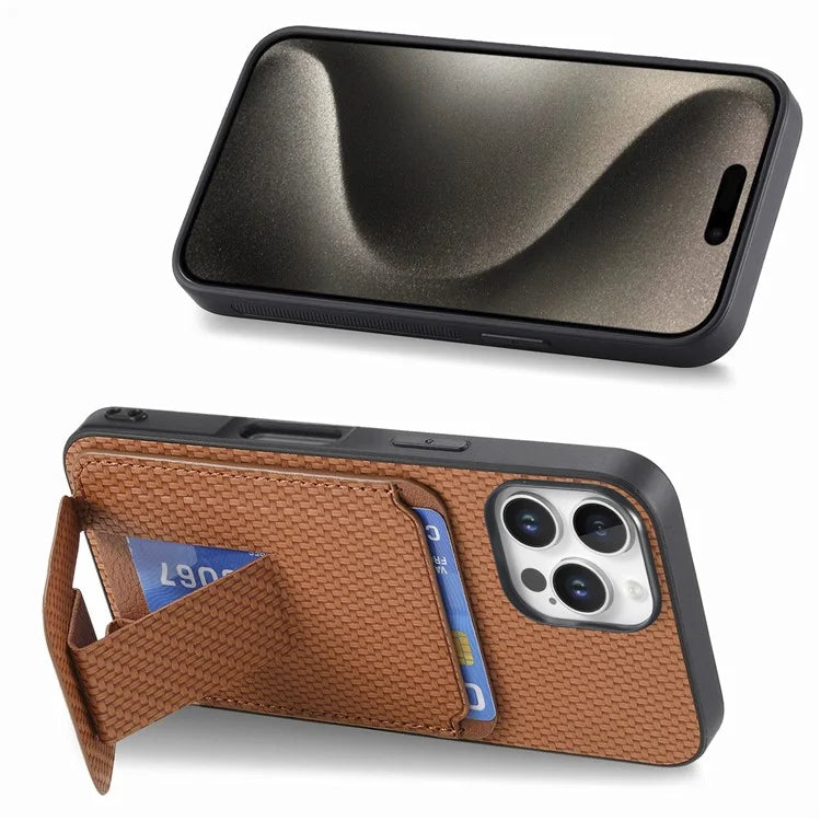 C1-11 for iPhone 16 Pro Max Case Card Holder Carbon Fiber Texture Leather Coated TPU Phone Cover