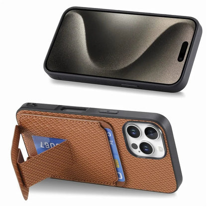 C1-11 for iPhone 16 Pro Max Case Card Holder Carbon Fiber Texture Leather Coated TPU Phone Cover