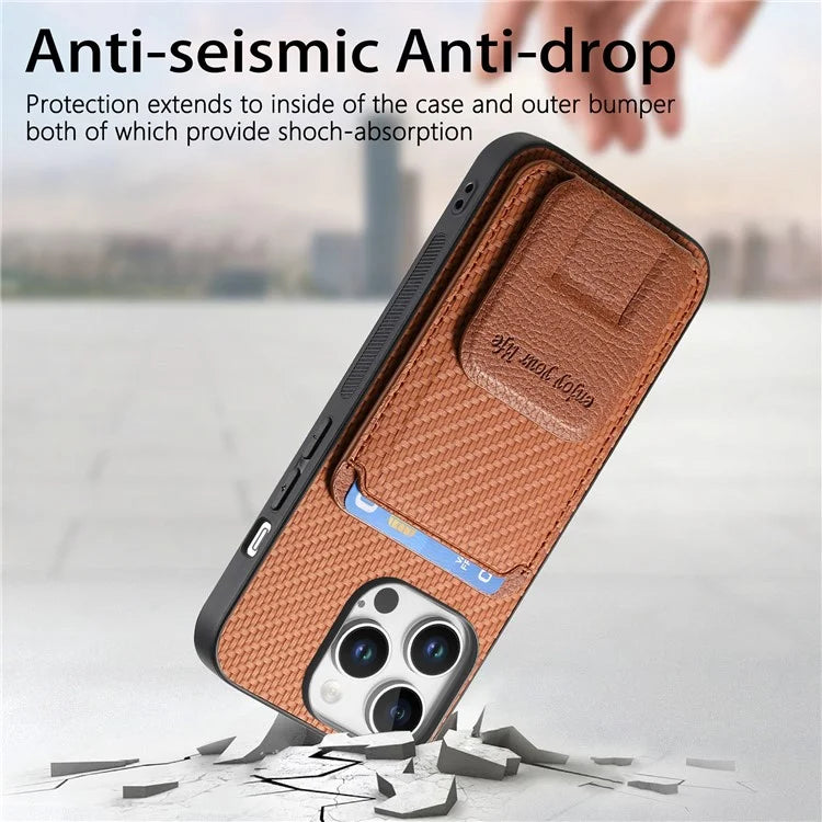 C1-11 for iPhone 16 Pro Max Case Card Holder Carbon Fiber Texture Leather Coated TPU Phone Cover