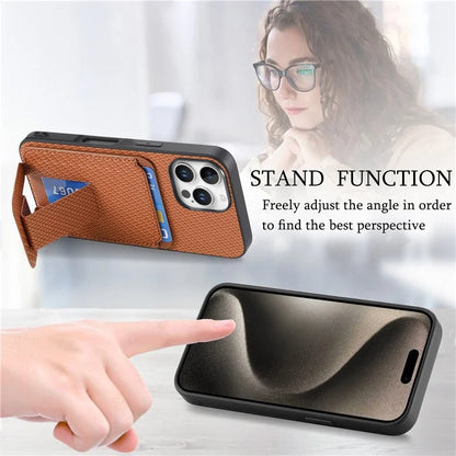 C1-11 for iPhone 16 Pro Max Case Card Holder Carbon Fiber Texture Leather Coated TPU Phone Cover