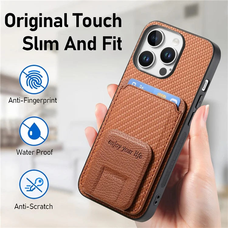C1-11 for iPhone 16 Pro Max Case Card Holder Carbon Fiber Texture Leather Coated TPU Phone Cover