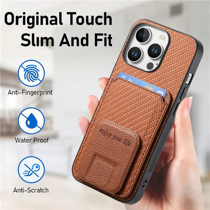 C1-11 for iPhone 16 Pro Max Case Card Holder Carbon Fiber Texture Leather Coated TPU Phone Cover