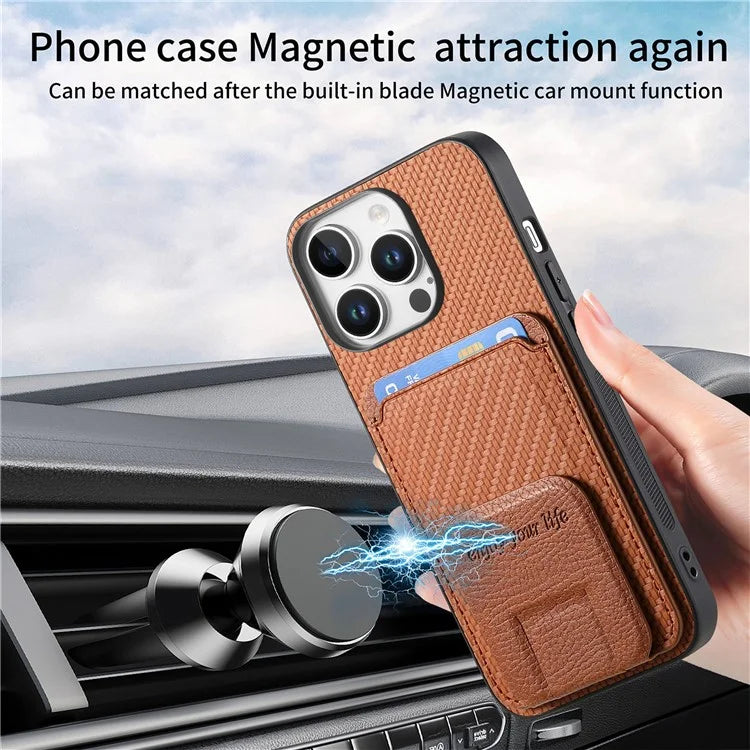 C1-11 for iPhone 16 Pro Max Case Card Holder Carbon Fiber Texture Leather Coated TPU Phone Cover
