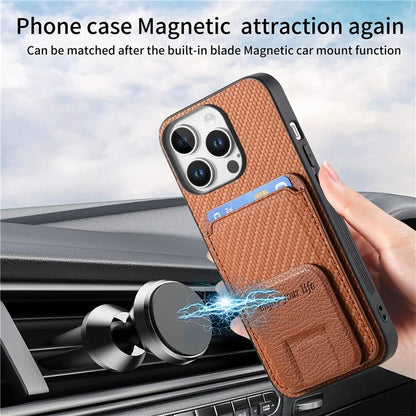 C1-11 for iPhone 16 Pro Max Case Card Holder Carbon Fiber Texture Leather Coated TPU Phone Cover