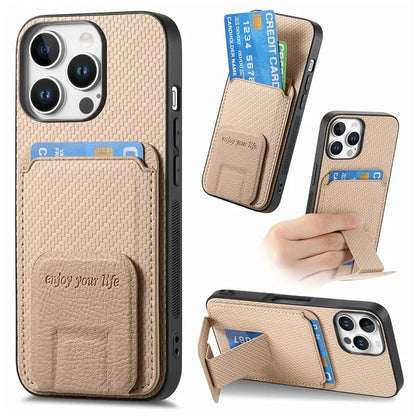 C1-11 for iPhone 16 Pro Max Case Card Holder Carbon Fiber Texture Leather Coated TPU Phone Cover