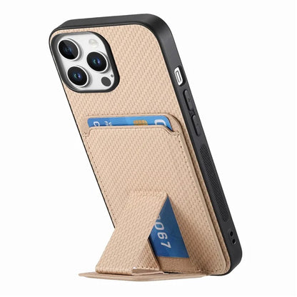 C1-11 for iPhone 16 Pro Max Case Card Holder Carbon Fiber Texture Leather Coated TPU Phone Cover