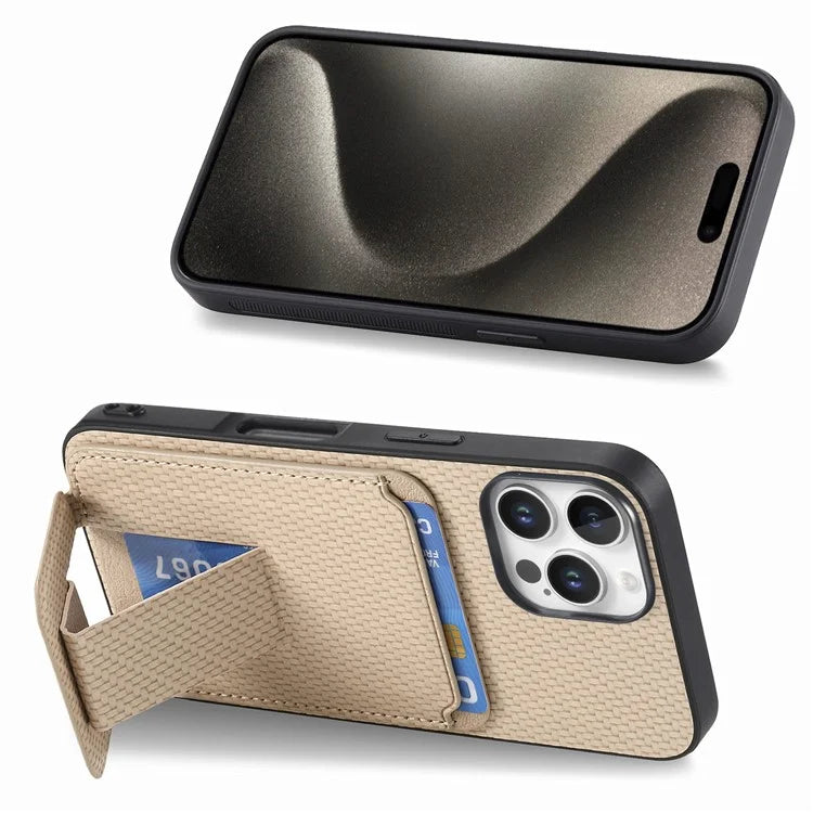 C1-11 for iPhone 16 Pro Max Case Card Holder Carbon Fiber Texture Leather Coated TPU Phone Cover