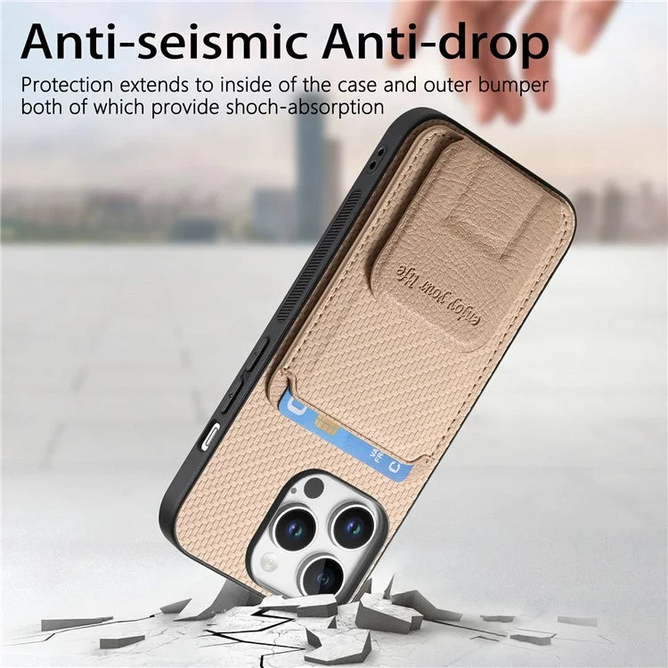 C1-11 for iPhone 16 Pro Max Case Card Holder Carbon Fiber Texture Leather Coated TPU Phone Cover