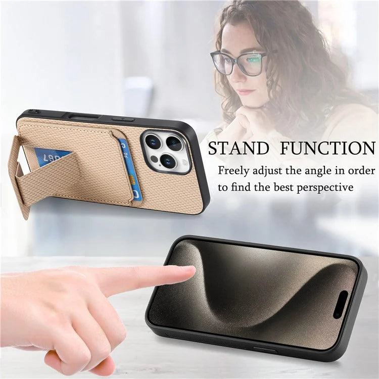 C1-11 for iPhone 16 Pro Max Case Card Holder Carbon Fiber Texture Leather Coated TPU Phone Cover