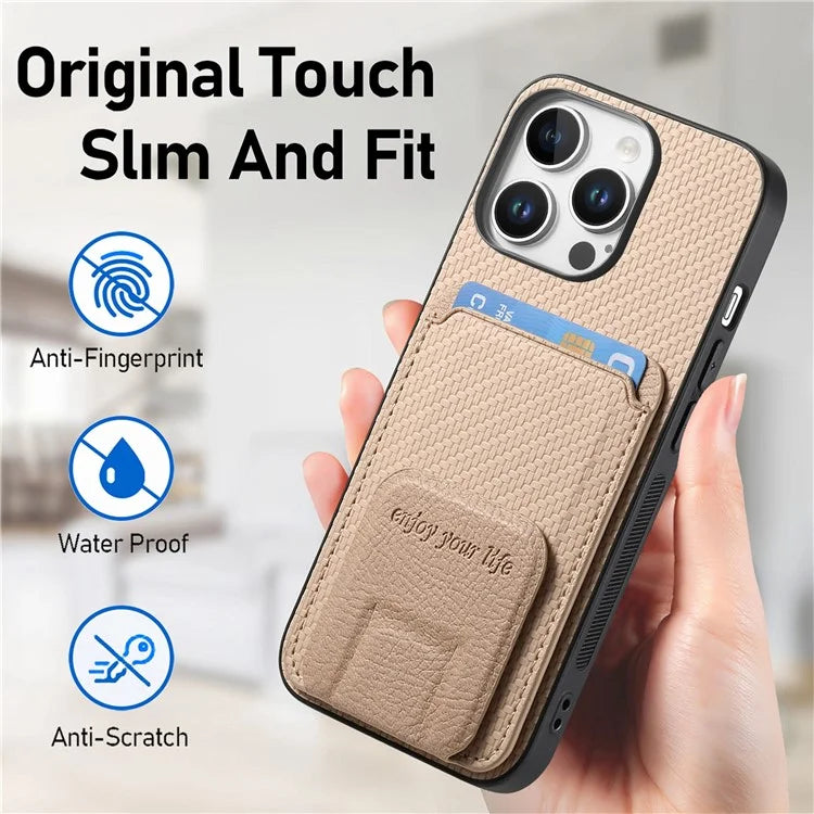 C1-11 for iPhone 16 Pro Max Case Card Holder Carbon Fiber Texture Leather Coated TPU Phone Cover