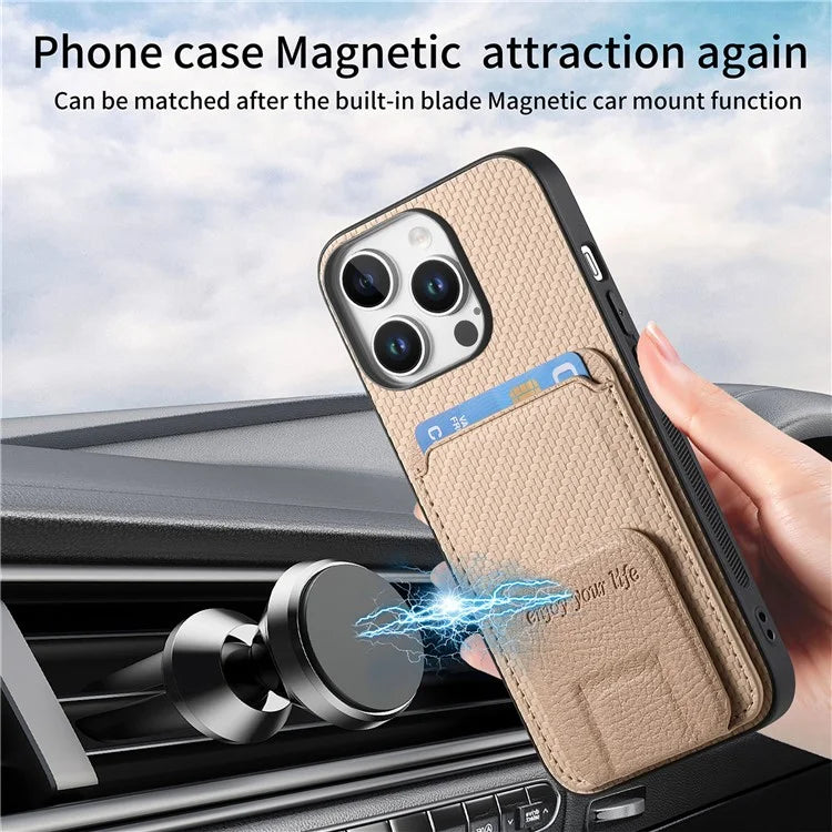 C1-11 for iPhone 16 Pro Max Case Card Holder Carbon Fiber Texture Leather Coated TPU Phone Cover